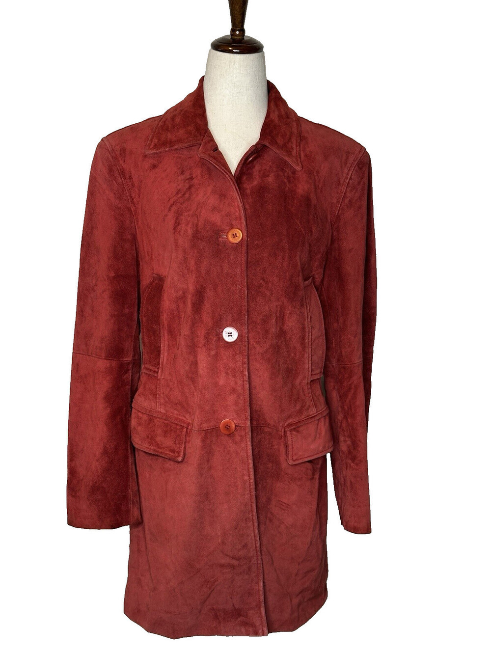 Emanuel Ungaro Liberte Red Suede Leather Car Coat Mid Length US 6 Button Front